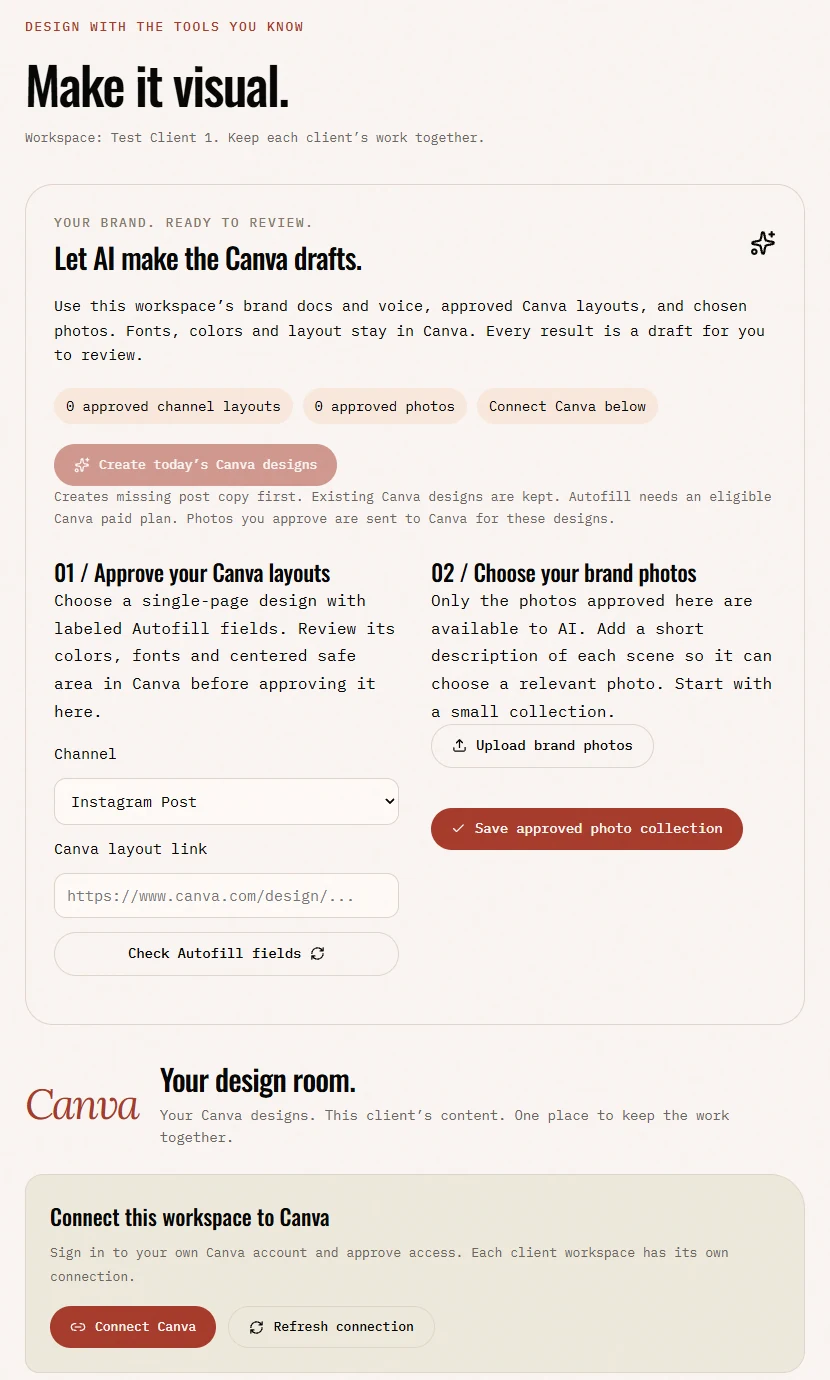 The Canva page: approve channel layouts, choose a brand photo collection, connect Canva and attach an existing design link.