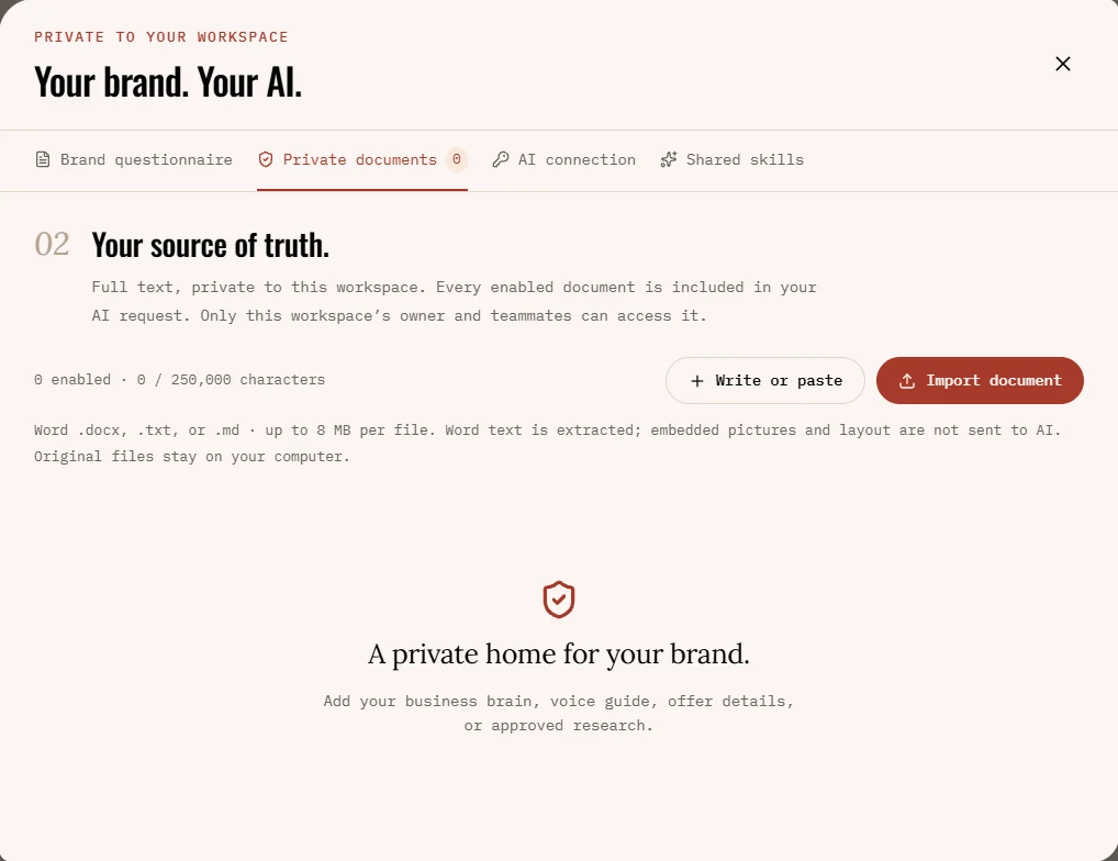 Private documents panel: every enabled document is included in your AI request, and only the workspace owner and teammates can access it. Word, text and markdown files are accepted.