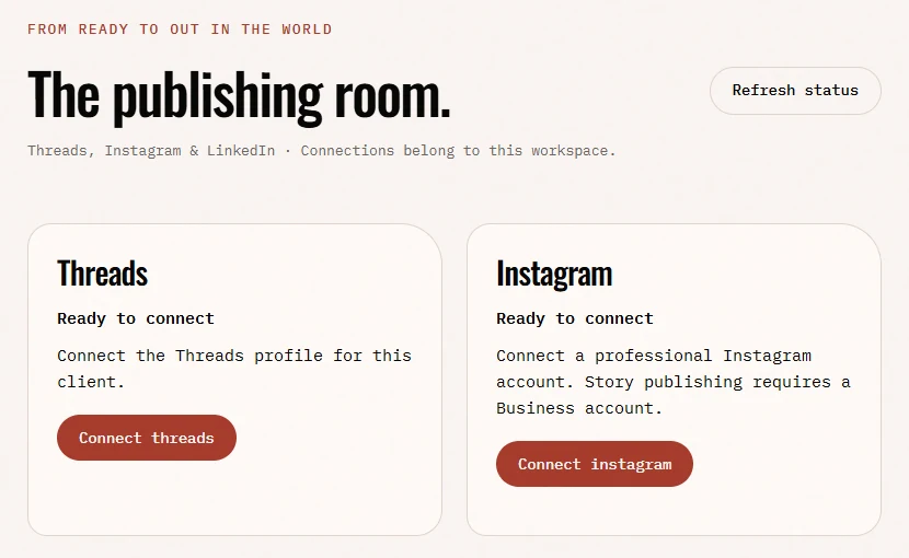 The publishing room: connection cards for Threads and Instagram, each with a connect button.