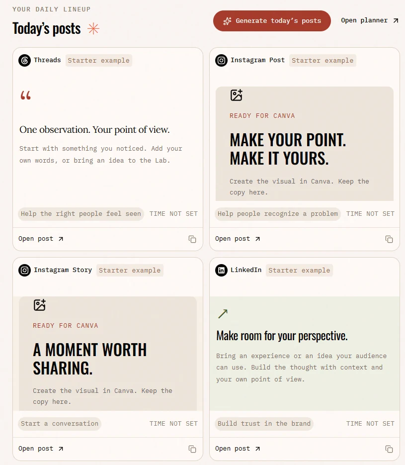 The Today view in Forthquill: draft cards for Threads, Instagram Post, Instagram Story and LinkedIn, each with a goal and a Canva-ready visual.