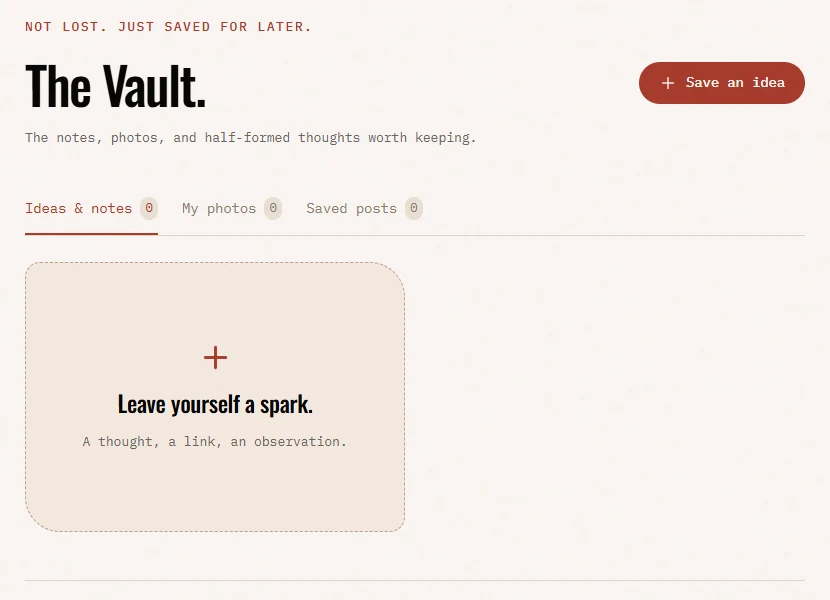 The Vault: tabs for ideas and notes, photos and saved posts, with a card inviting you to save an idea.